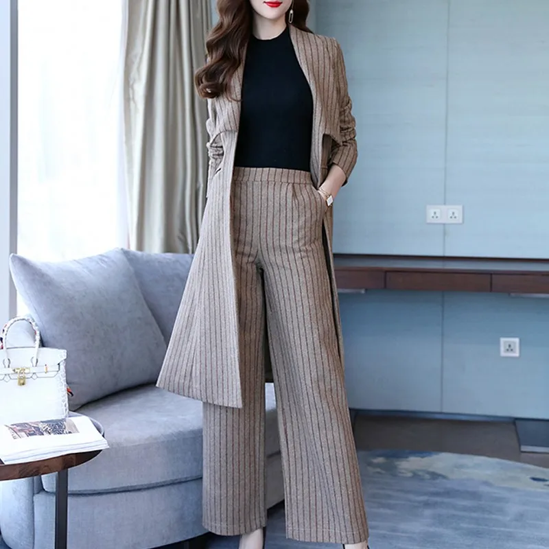 Женский комплект из двух частей: полосатые широкие брюки, осень, корейская мода, Тонкий Блейзер, однобортный, длинный пиджак, брюки, костюм