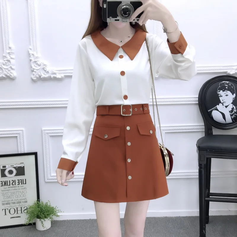 

lady outfit Korean fashion vestido chiffon shirt & skirt of tall waist with belt two-piece clothing set women outfit elegant