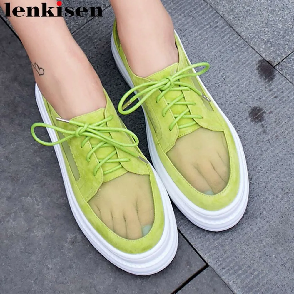 

Lenkisen new kid suede breathable mesh lace up loafers med bottom flat platform daily wear British school vulcanized shoes L8f1