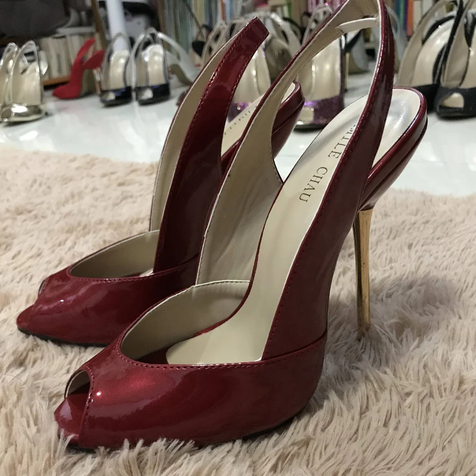Женские босоножки на тонком металлическом высоком каблуке-шпильке; пикантные вечерние туфли с открытым носком на ремешке сзади; Цвет Бордовый; женские туфли для невесты; 3845-g6