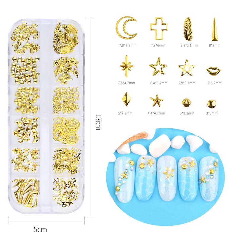 

Blueness Gold Nail Art Decorations Hollow Metal 3D Nail Rivets Cross Heart Star Strass Nail Rhinestones DIY Manicure Studs
