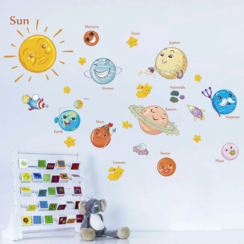 Lovely Solar System Wall Stickers For Nursery Kids Rooms Decorations Outer Space Planets Home Decor Mural Wall DIY Art Decals
