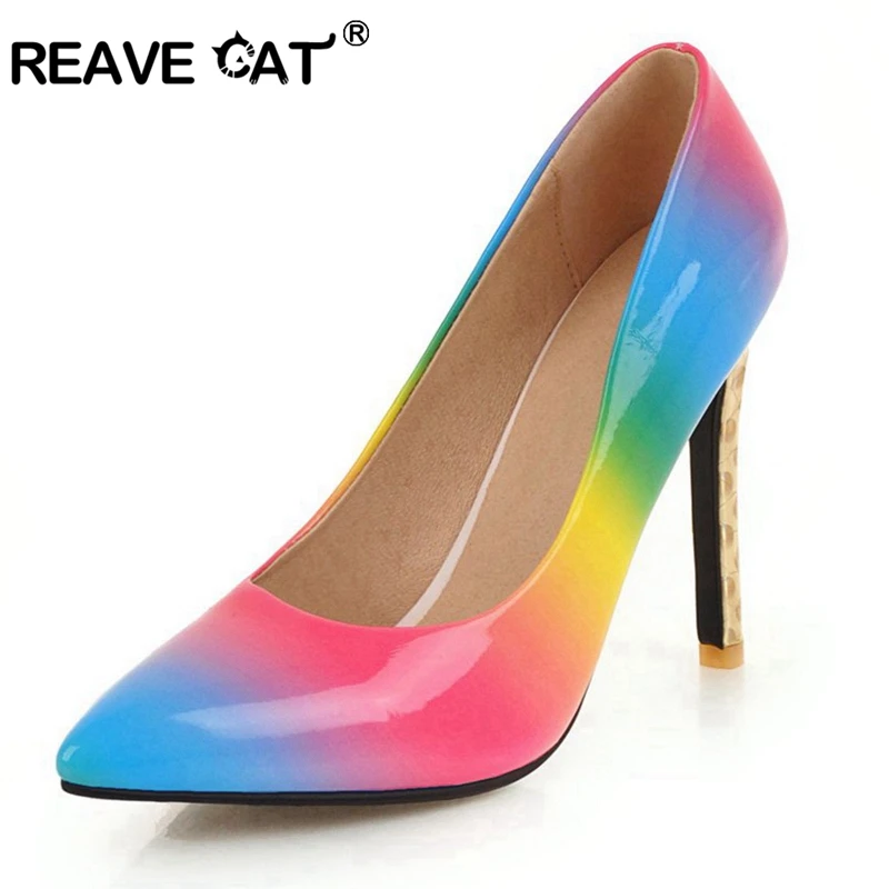 

REAVE CAT Colorful Rainbow Printed Pointed Toe Stiletto High Heels Woman Lady Female 11cm Gold High Heel Shoes Party Size US14