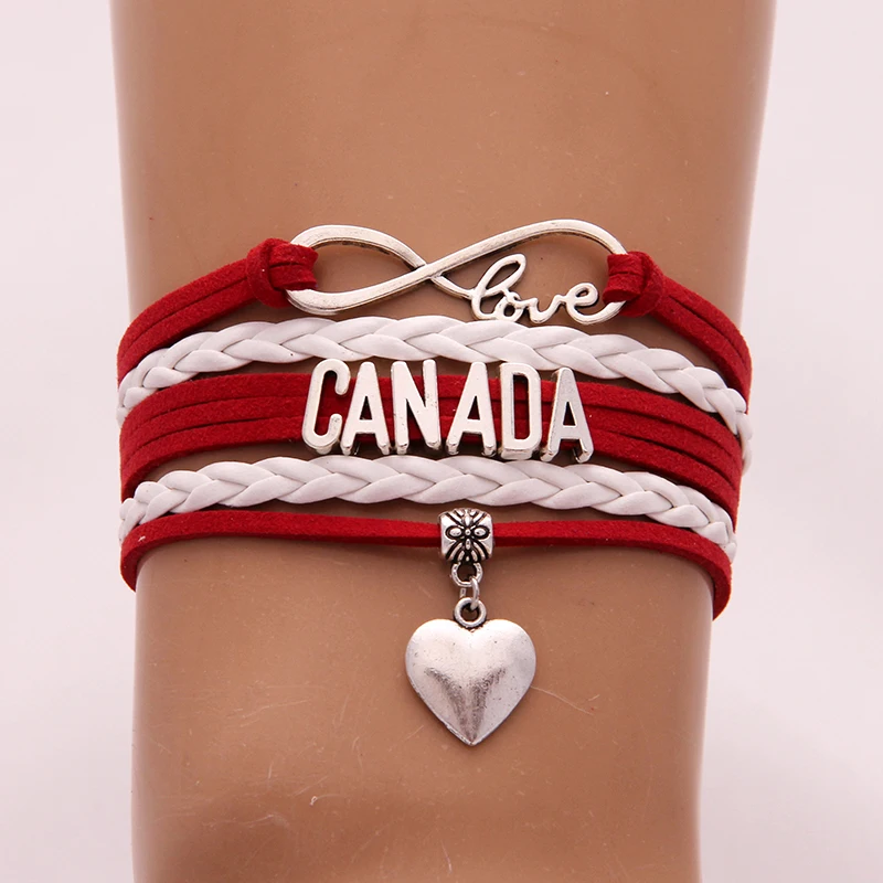 

Drop Shipping Infinity love Country Canada Bracelet heart Charm leather wrap rope bracelets & bangles for Women Men jewelry