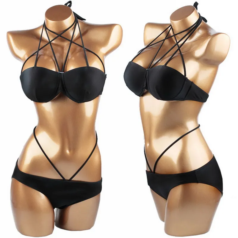 

Sexy Women Neck cross bandage printed Bikini Set 2019 Push-up Padded Bra Swimsuit Solid Black Swimwear Bathing Suit women