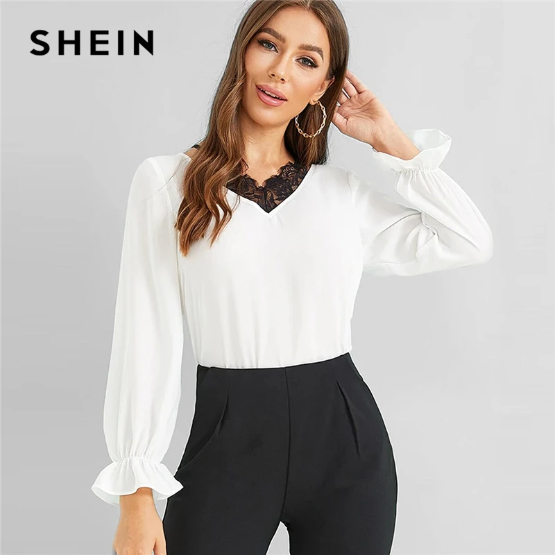 

SHEIN White Lace Insert Trumpet Sleeve V Neck Blouse Top Women Summer Autumn Ladies Solid Elegant Office Lady Tops and Blouses