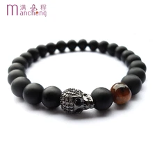 Nuevo Vintage de cobre pistola negro pavimentar de Zircon blanco esqueleto pulsera de las mujeres de los hombres de ónix negro mate cuentas para brazalete de calavera de la joyería