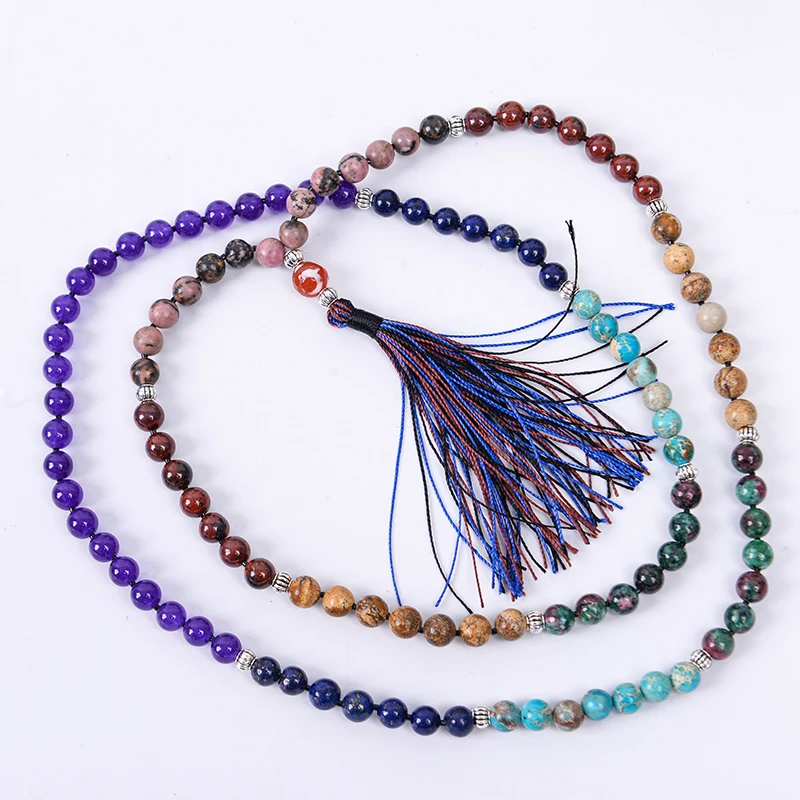 7 Chakra Mala Unique 8MM Natural Stone Long Tassel Necklace Women Meditation Necklace Knotted Bead Yoga Jewelry