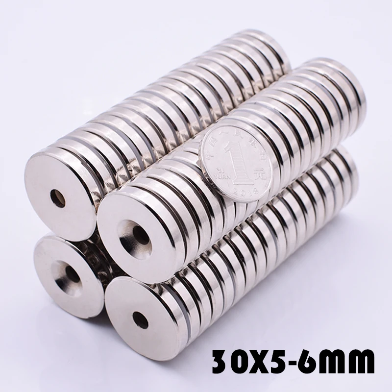 

5Pcs Neodymium Magnet 30x5 mm With 6mm Hole Round super powerful neodymium magnets free shipping For Craft Gallium Metal