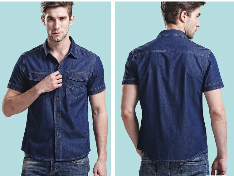 Брендовая Летняя джинсовая рубашка, мужские повседневные рубашки размера плюс M-5XL, Повседневная джинсовая мужская рубашка с коротким рукавом из хлопка