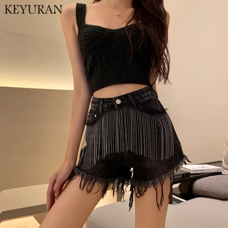 

2019 Womens Sexy High Waist Tassel Ripped Chain Loose Jeans Summer Denim Shorts New Arrival Bottoms Fashion Ladies Jean Shorts