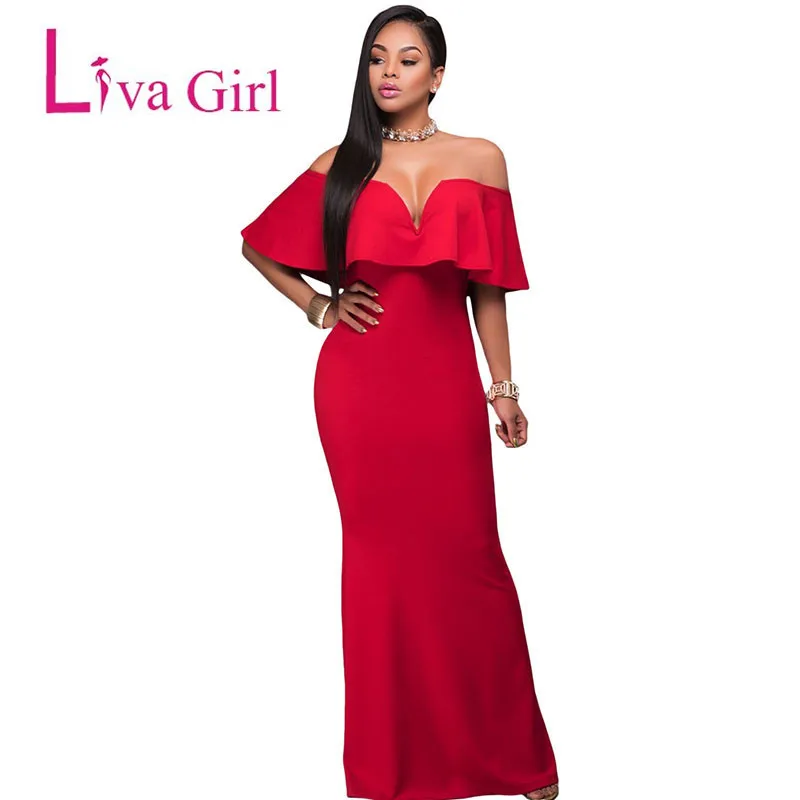 LIVA GIRL, сексуальное вечернее платье с открытыми плечами, торжественное платье, великолепное длинное платье с рюшами Красного/черного/синего цвета с v-образным вырезом, Vestidos Longo Robe