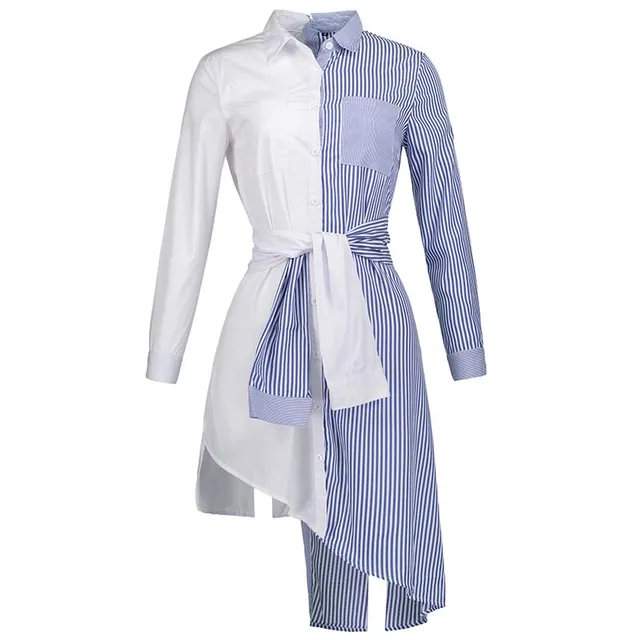 Best Offers Women Causal Long Shirts Striped Patchwork Turn-down Collar Pocket Tops Lady Young Tie Fashion Button Asymmetric Blouse Shirts