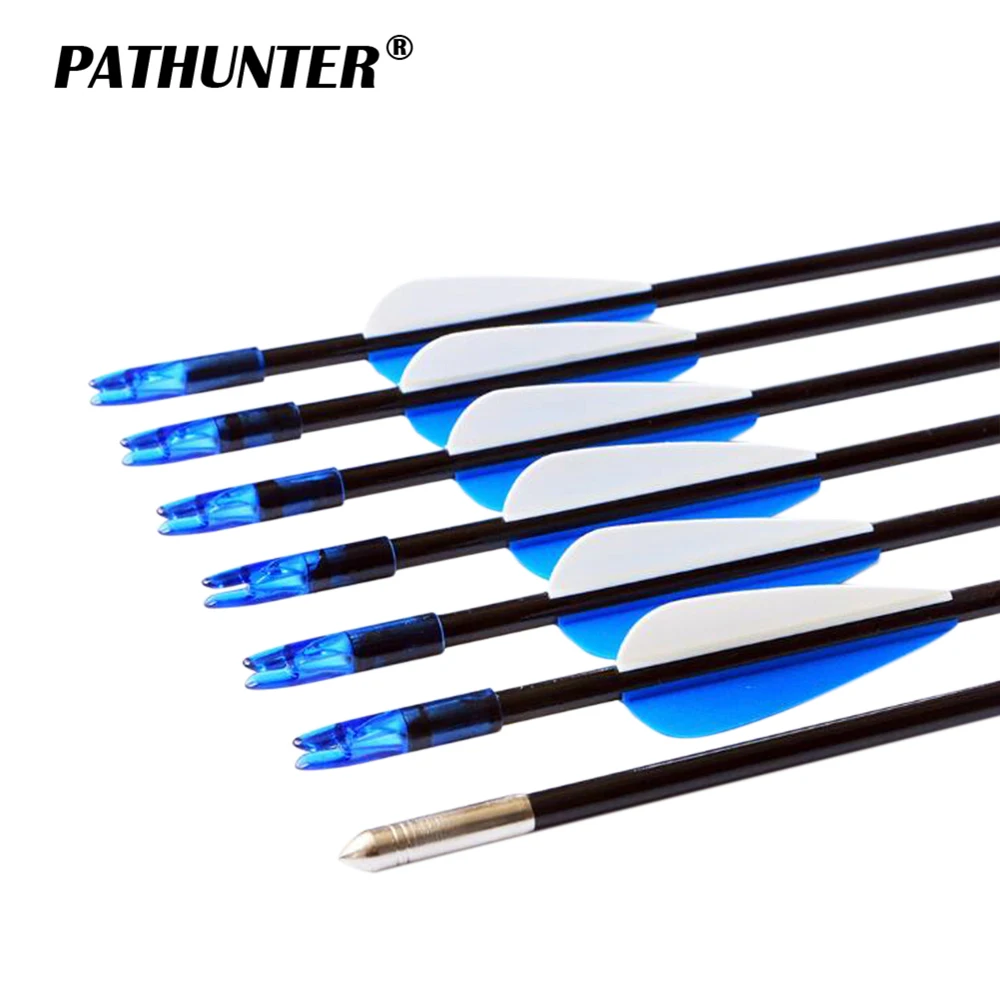 

PATHUNTER 12PCS 6MM 31" Spine1000 With White Blue Feather Fiberglass Arrow For Recurve Bow Arrow Long Bow Practice Hunting