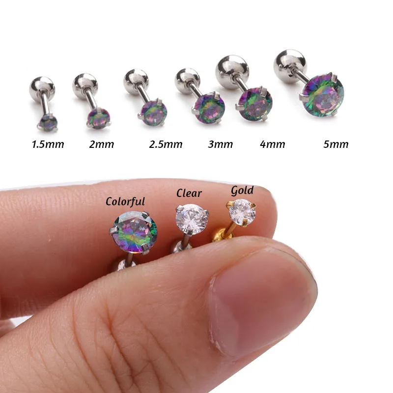 2pcs 1.5-5mm Round Rainbow Cz Stone Cartilage Earring Helix Tragus Conch Stud 20g Stainless Steel Ear Piercing Jewelry