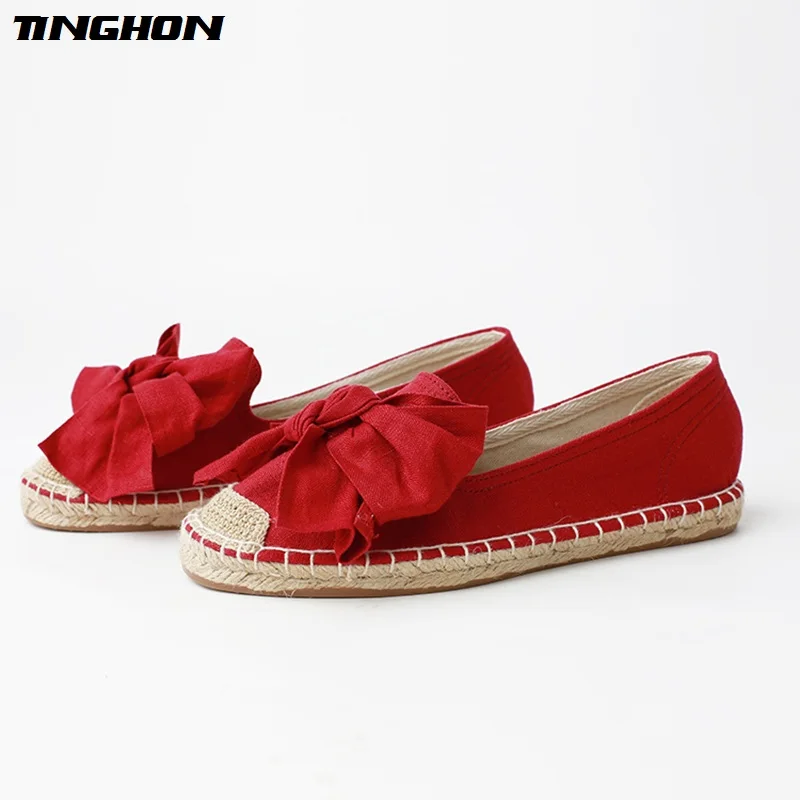 

TINGHON Fashion Ethnic Casual Espadrilles Big bow Flat Women Spring Printed Slip on Fishermen Hemp Rope Shoes 35-43