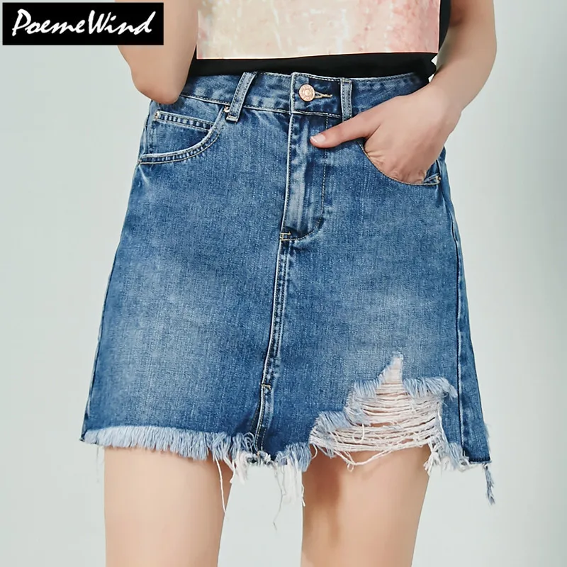 PoemeWind Short Jeans Ripped Skirt Women Blue High Waist Stretch Mini ...