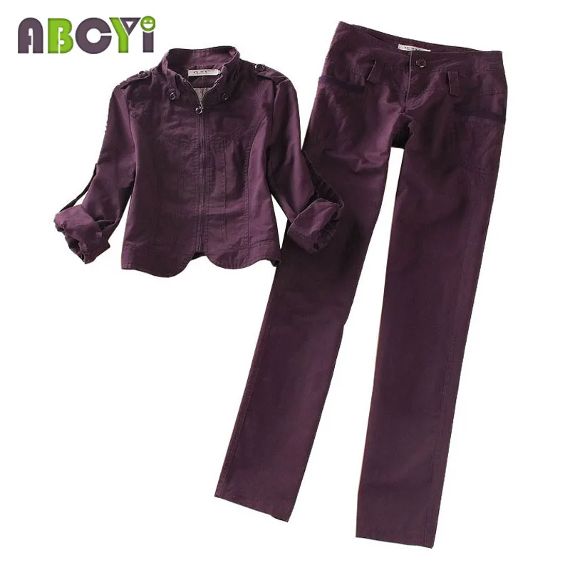 

Spring Autumn Women 2 Piece Pants Sets Long Sleeves Mandarin Collar Purple Casual Woman Jacket and Wide Leg Trousers Pants Suit