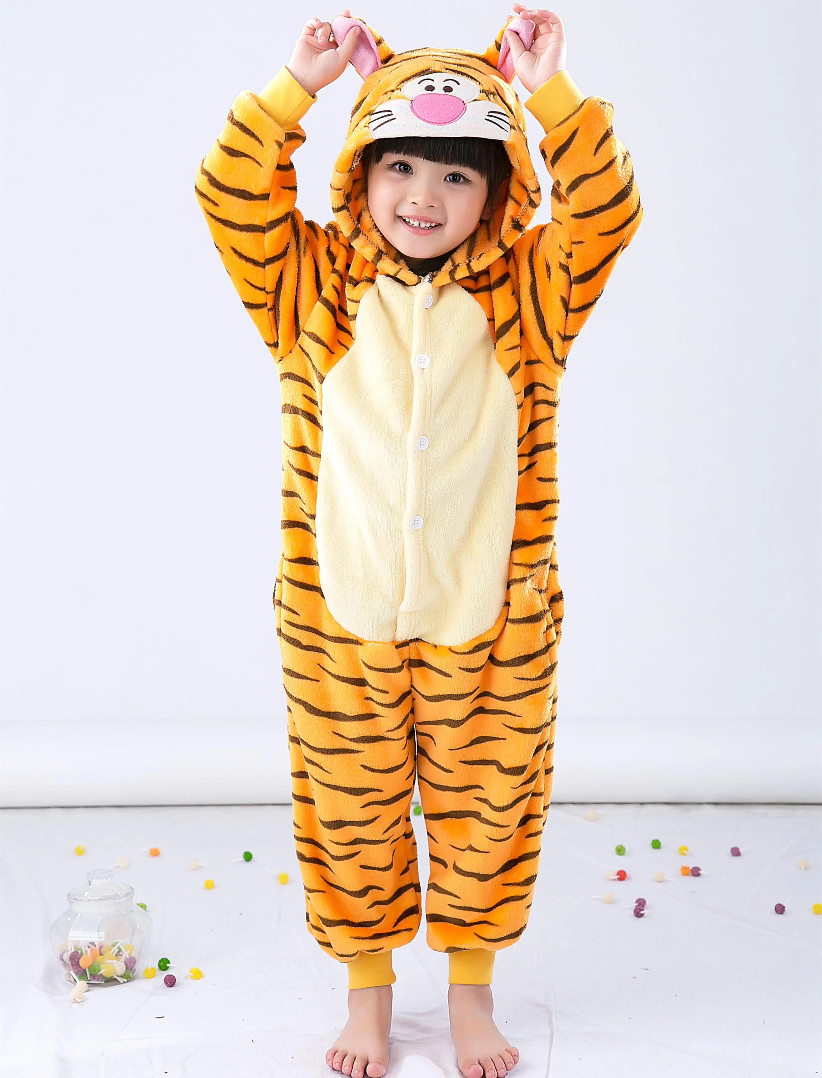 Kigurumi/Детские фланелевые пижамы; детская зимняя одежда для сна; комбинезоны для мальчиков; пижамный комплект для девочек; Пижама с единорогом, тигром, пандой, стежком и животными - Цвет: Jumping Tiger
