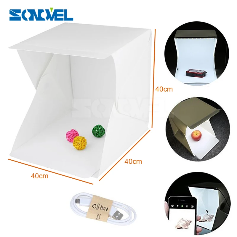 

2017 NEW Large (40x40x40cm) Folding Studio Diffuse Soft Box with LED Light Black White Background Photo Studio Accessories