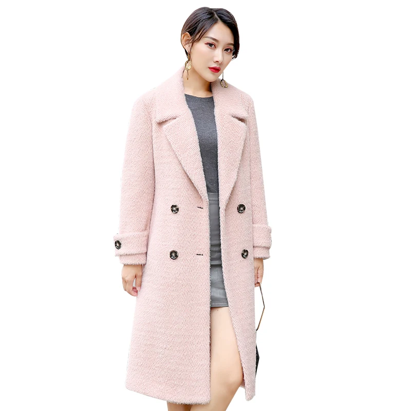 Наивысшего качества норковая бархатная Женская кашемировая Смесь модные средней длины шерстяное пальто розовое милое женское теплое тонкое пальто