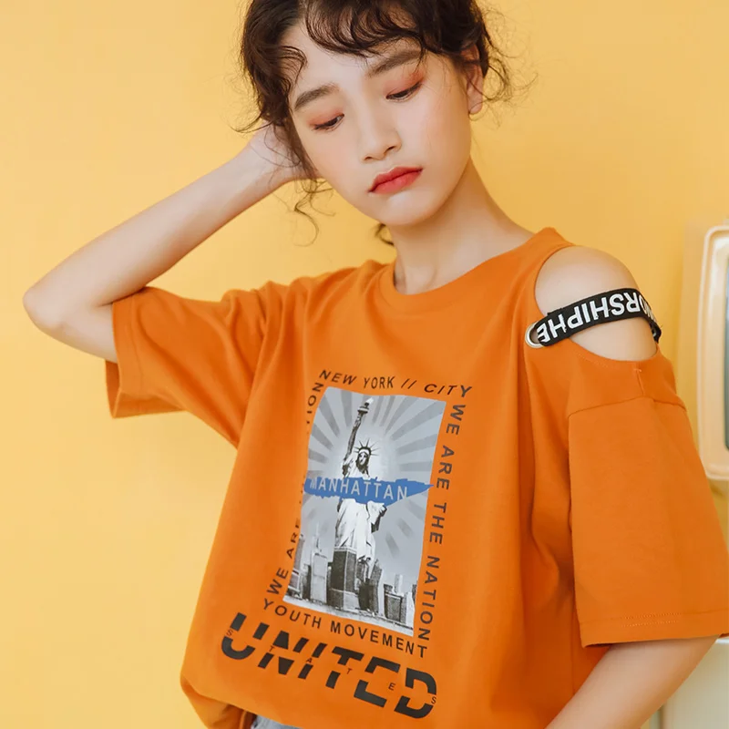 

Loose short-sleeved off shoulder t-shirt women tops tee shirt femme camisetas mujer 2019 Statue of Liberty decal Tshirt