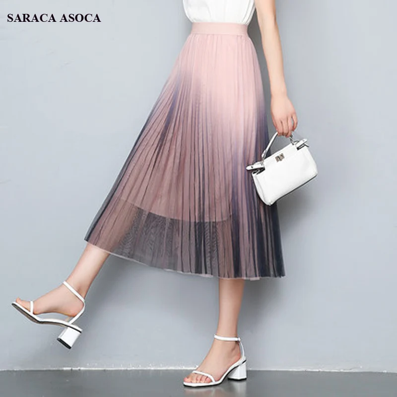 

Spring Summer Gradient Mesh Tull Skirt Women Bohemian High Waist Mid-Calf Long Organza Pleated Skirt Girls