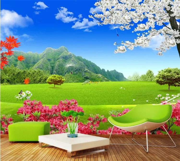 На заказ Настенные обои для стен 3D Природа Пейзаж зеленые луга фон для фотографирования с изображением цветов настенная живопись