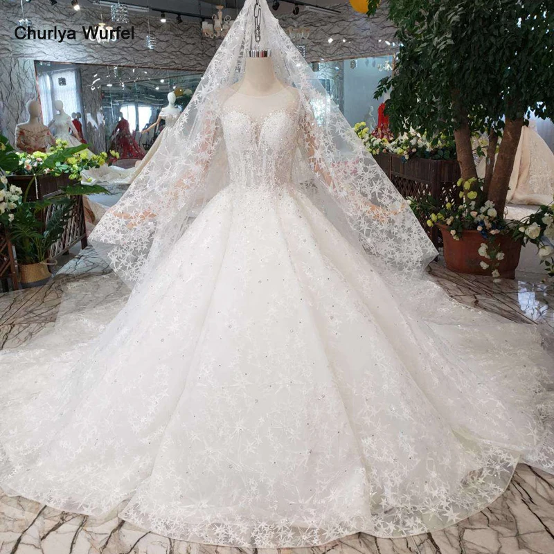 

HTL198 ball gown like white wedding dresses with wedding veil illusion o-neck wedding gown with train 2019 new fashion design