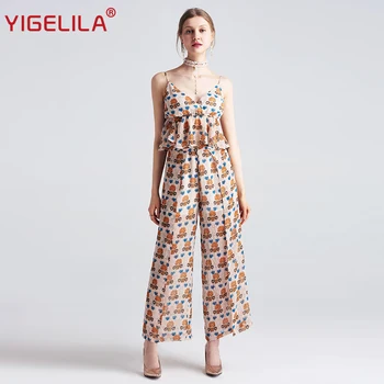 

YIGELILA 2019 Latest Women Print Sets Sexy V-neck Spaghetti Straps Fashion Pants Casual 2 pieces Sets 8207