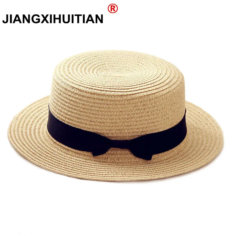 2022 simple Summer Parent-child Beach Hat Female Casual Panama Hat Lady Brand Women Flat brim Bowknot Straw cap girls Sun Hat 1