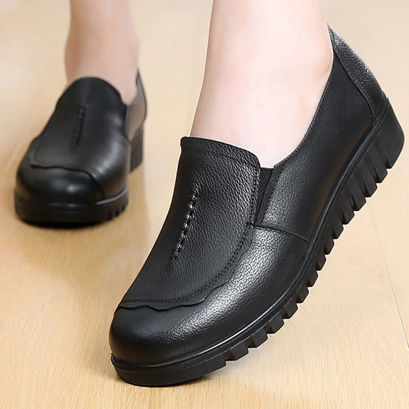 

Genuine leather shoes women casual round toe flats shoes rubber hard-wearing increase designer flat shoes for women