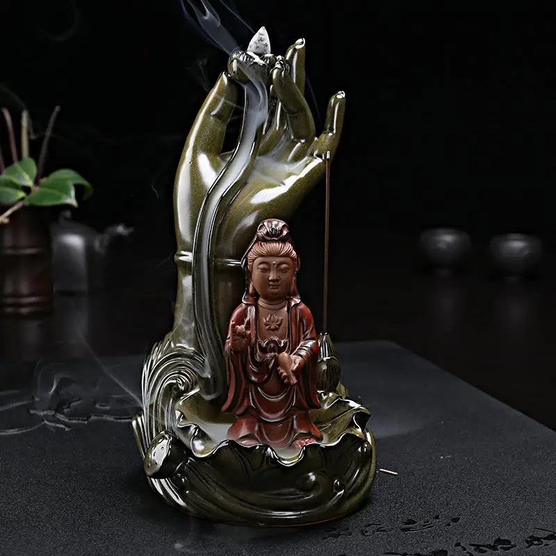 

Ceramic Smoke Waterfall Backflow Incense Burner Creative Home Decor Buddha'S Hand Incense Holder Censer 10pcs Incense Cones