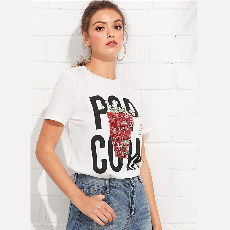 SweatyRocks футболка с буквенным принтом, с блестками и попкорном, с коротким рукавом, кавайная белая футболка, уличная одежда, футболки, летние повседневные женские топы