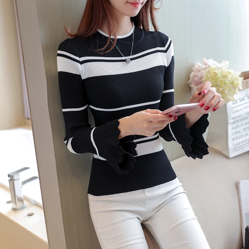 Striped Long Sleeve Sweater 2018 Autumn Winter Women Sweaters And Pullovers Knitwear Female Jumper Pull Femme Black White | Женская