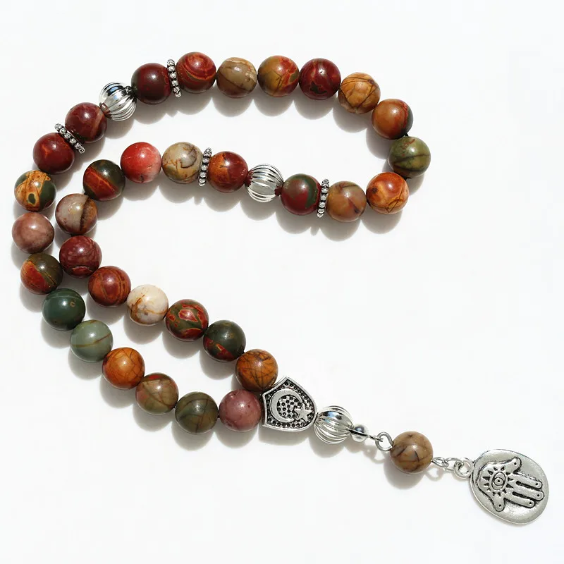 

8mm Picasso Jaspe Beads with hand charm Round Shape 33 Prayer Beads Islamic Muslim Tasbih Allah Mohammed Rosary For Men&Women