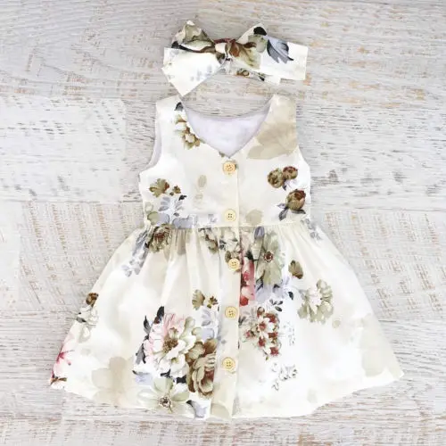 Summer Baby Kids Girls Princess Dress Pageant Sleeveless Button Floral Dresses
