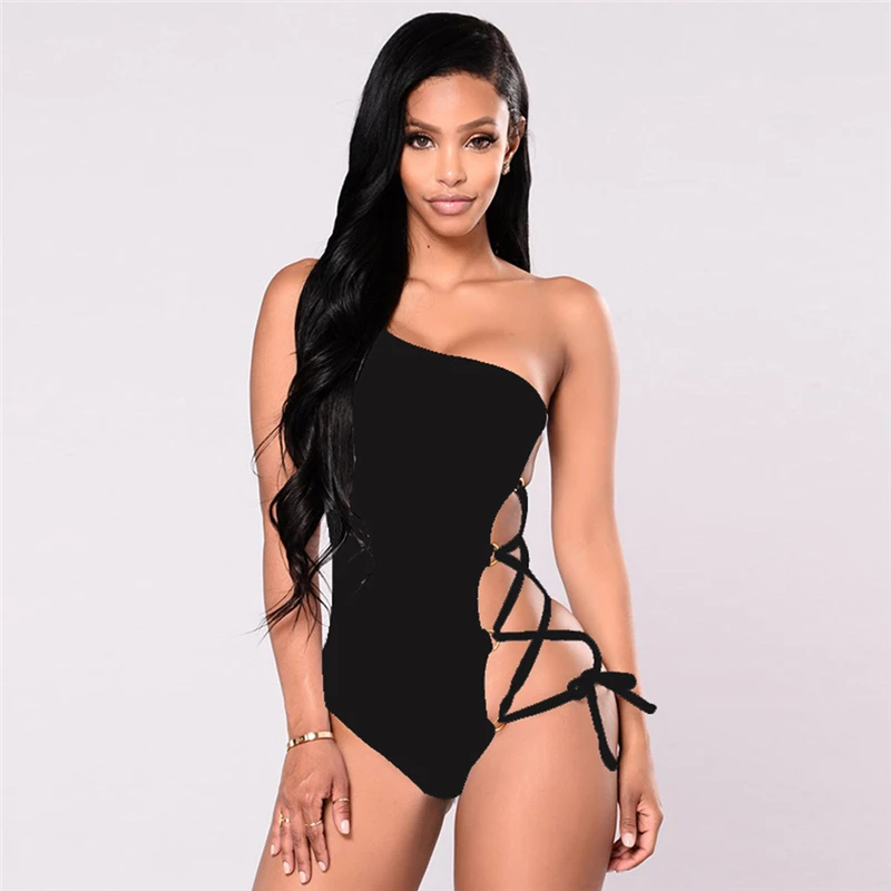 

Sexy One Piece Swimsuit 2019 New Summer Swimwear Women Black White Red Shoulder Bandage Plus Size Bathing Suit Beach Party XL