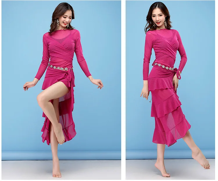 Новая мода Женская танцевальная одежда класс одежда спандекс эластичная сетка блестки набор костюма для танца живота 2 шт над юбкой хип шарф