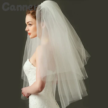 

Elegant Two Layers Bridal Veil With Comb Short Bride Tulle White Ivory Wedding Veil Lace Edge Bridal Veils 2019 veu de noiva A40