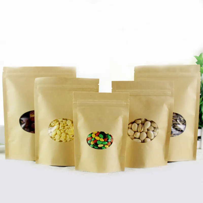100pcs Round Brown Gift Bag Paper Kraft Bag With Window For Wedding/Candy/Tea Kraft Bags Crafts Stand Up Ziplock Packing Bag Diy