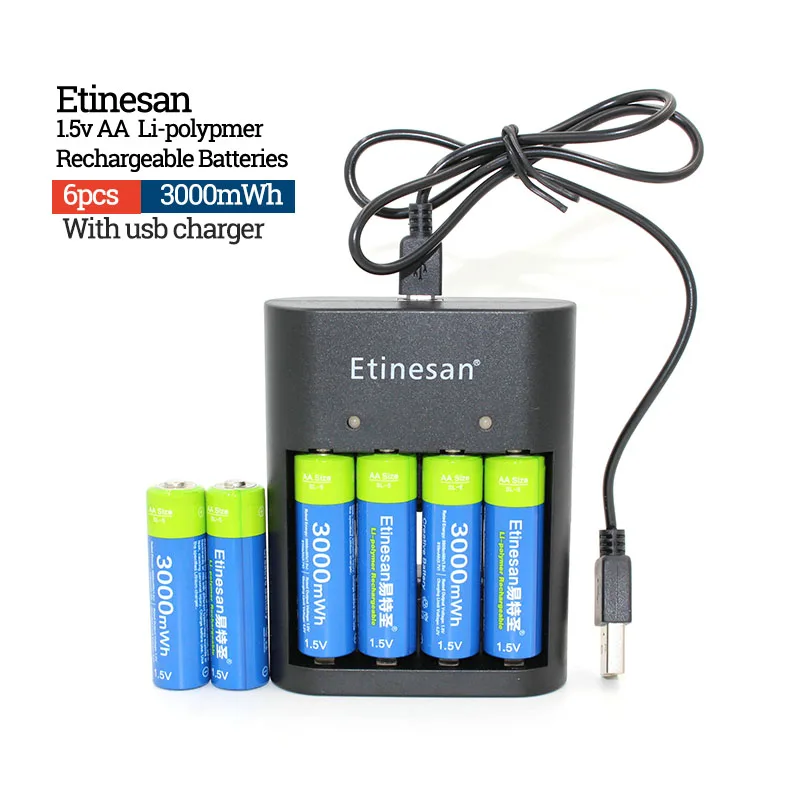 

NEW Etinesan 6PCS 1.5V AA Size 3000mWh Li- polymer Rechargeable Battery with AA AAA charger set