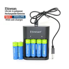 NEW Etinesan 6PCS 1.5V AA Size 3000mWh Li- polymer Rechargeable Battery with AA AAA charger set NEW Etinesan 6PCS 1.5V AA Size 3000mWh Li- polymer Rechargeable Battery with AA AAA charger set