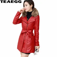 Teaegg реального енота Мех животных красный из искусственной кожи зимние Куртки для Для женщин Мужские парки Mujer jaqueta de Couro Feminina Для женщин кожа jacketal678