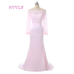 Розовое вечернее платье платье-русалка с вырезом лодочкой 2019 с длинными рукавами атласное кружевное женское длинное вечернее платье