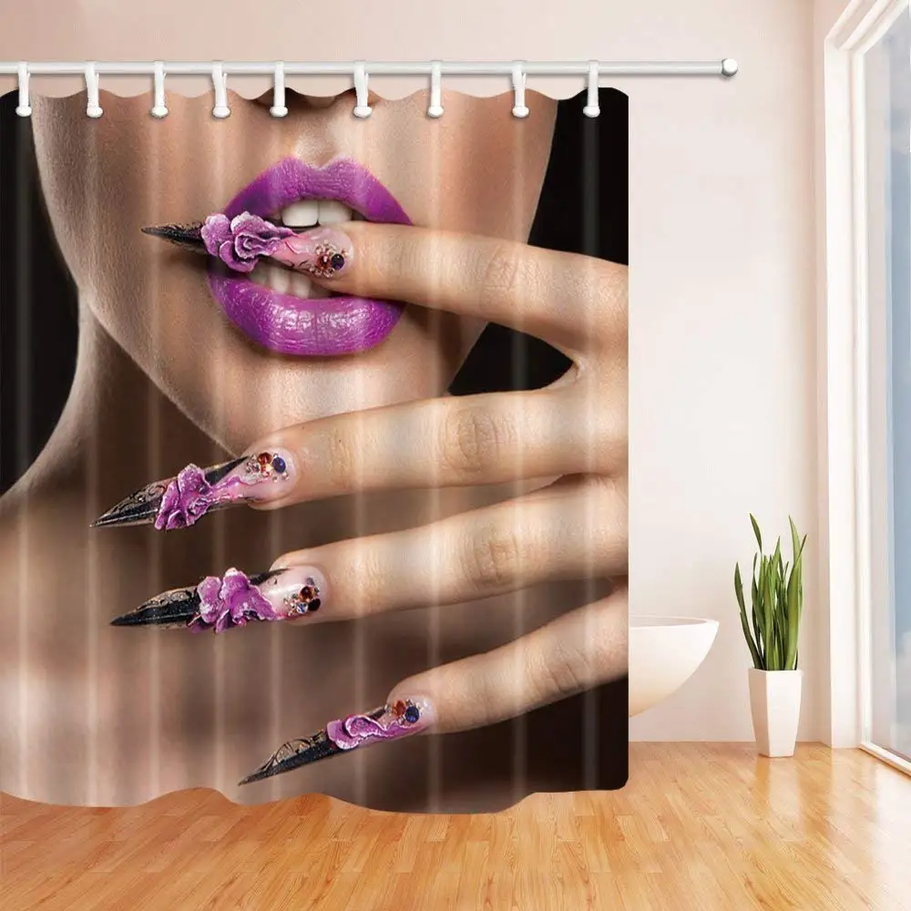 Макияж занавески для душа s сексуальная женщина с фиолетовыми губами и ногтями полиэстер ткань водонепроницаемый ванная комната шторы для ванной или душа занавески