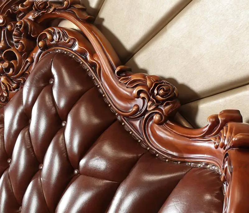 European Style Wooden Double Bed Furniture, Bedroom, Luxury Villa, American Leather Bed.