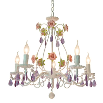 

Pastoral Lamp field Chandelier Princess Light Bedroom Lamp Pink Garden Ceramic Lighting country Wrought Iron Candle Light Rose