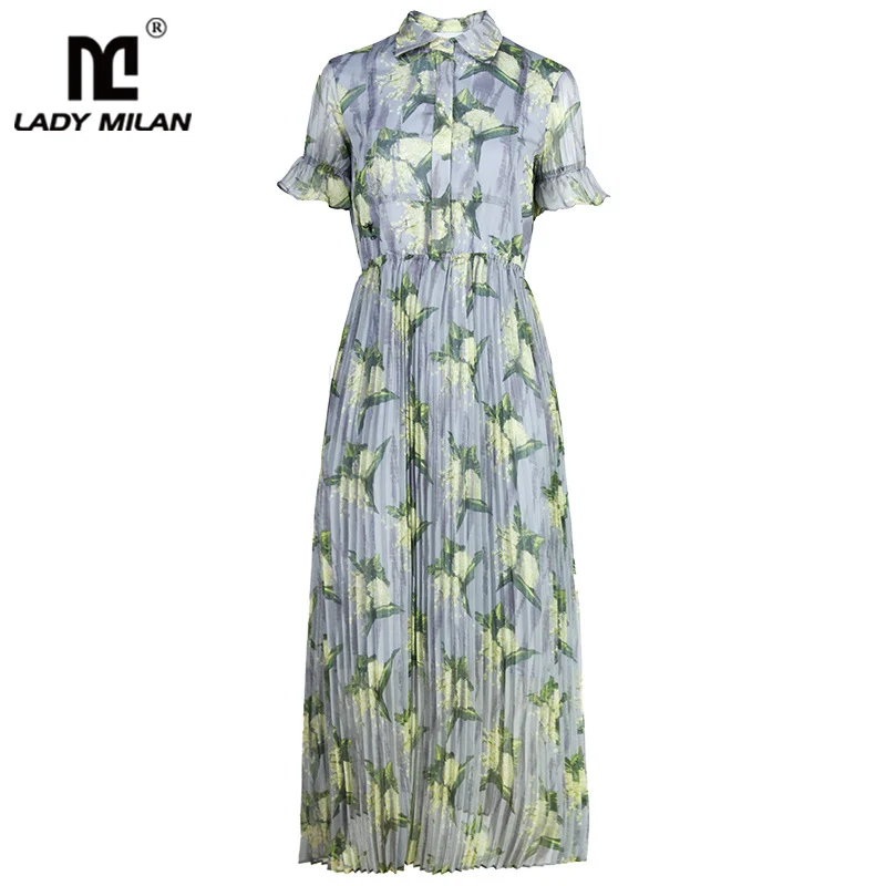 

Women's Runway Dresses Turn Down Collar Short Sleeves Pleated Printed High Street Fashion Casual Dresses