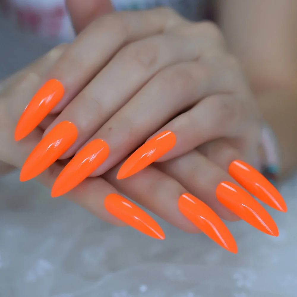 Неоновые накладные ногти очень длинные яркие оранжевые блестящие пресс на ногтях карнавальный стиль Decoraion маникюрные советы салонные ногти 24